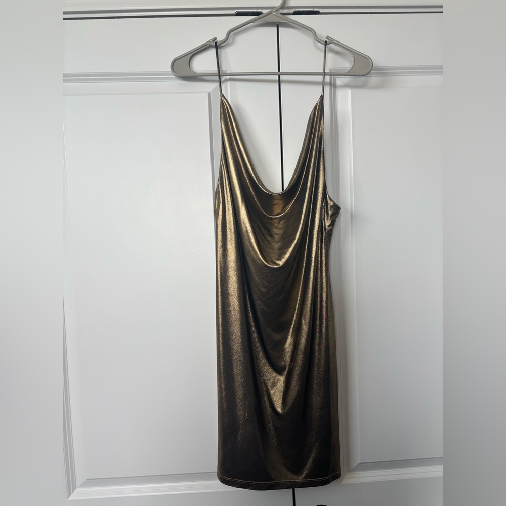 "GB" Vintage Shiny Cowl Neck Gold Dress - Size Large